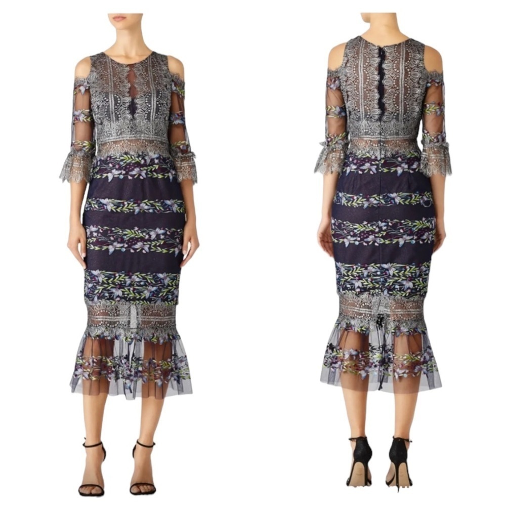 Marchesa Notte Cold Shoulder Metallic Lace Embroidered Tulle Dress - Picture 2 of 12